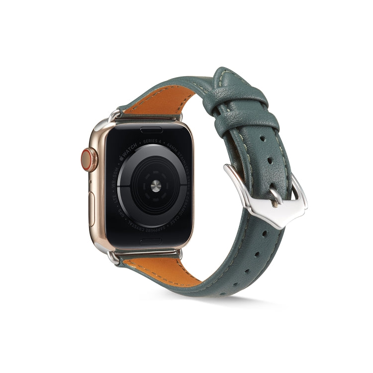 Genuine leather watch band, teal-green strap with metal buckle and tan underside