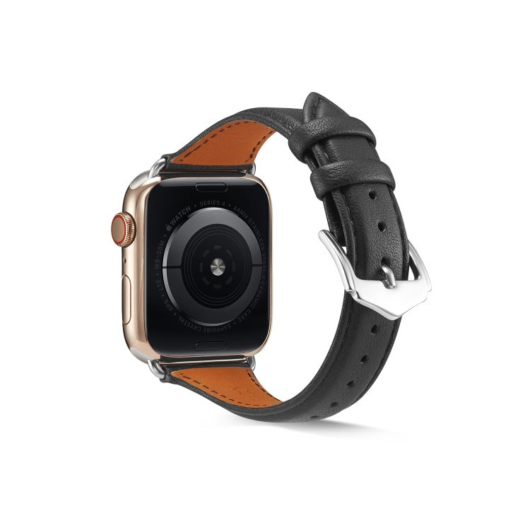 Genuine leather watch band, black strap with metal buckle and tan stitching