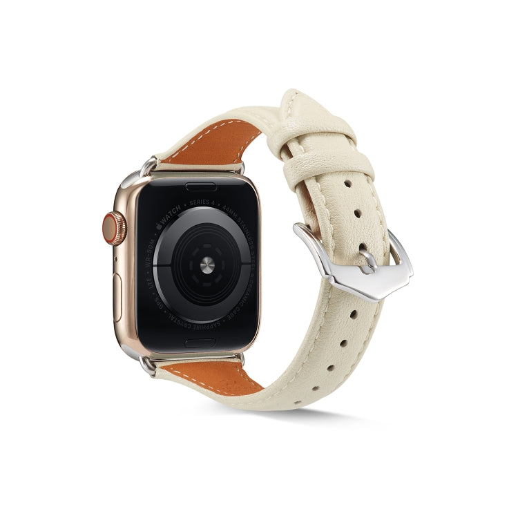 Genuine leather Apple Watch band, cream strap with metal buckle and pin holes