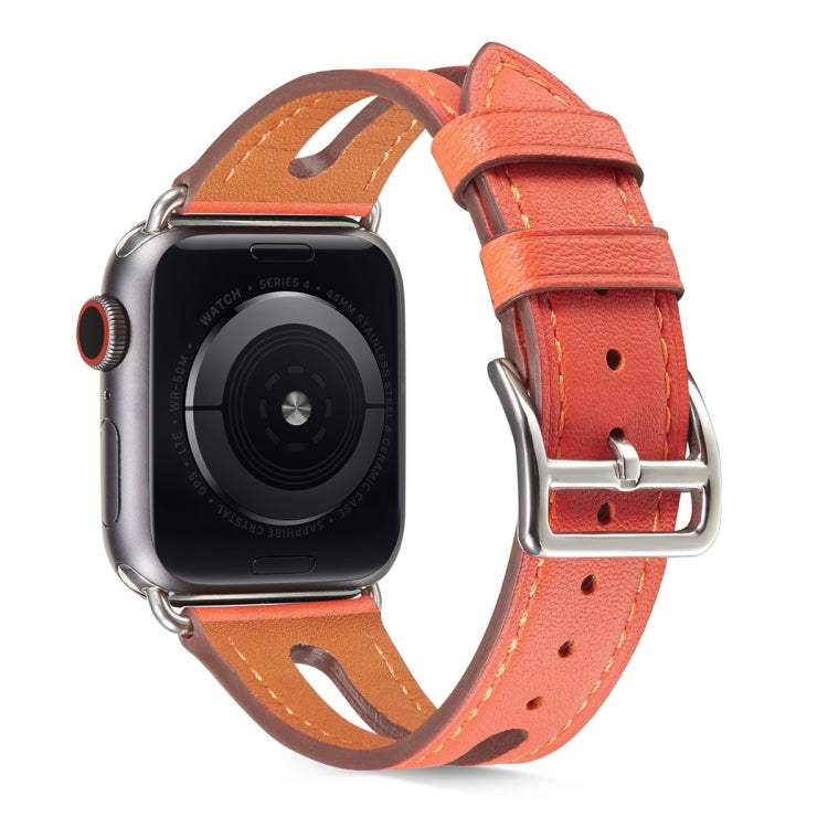 Orange leather Apple Watch band with metal buckle; top clasp and perforated holes