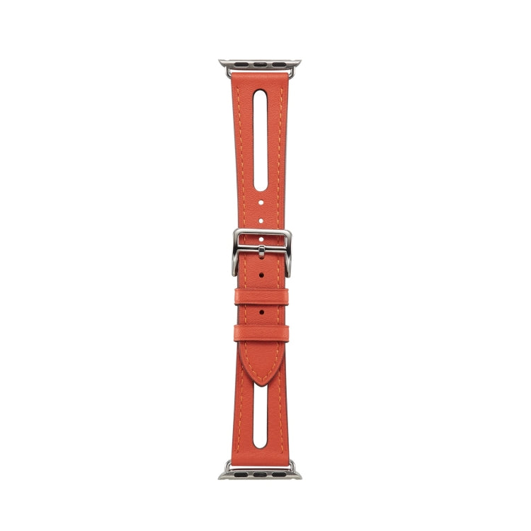 Orange leather watch band with metal buckle hardware; two strap sections