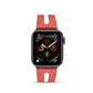 Red leather Apple Watch band with metal buckle; perforations and stitched edge