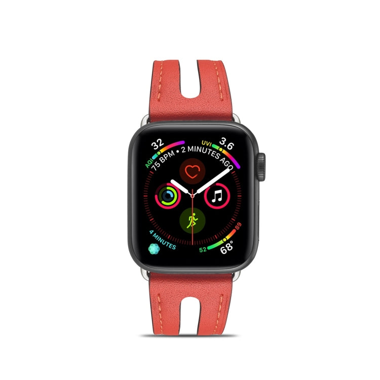 Red leather Apple Watch band with metal buckle; perforations and stitched edge