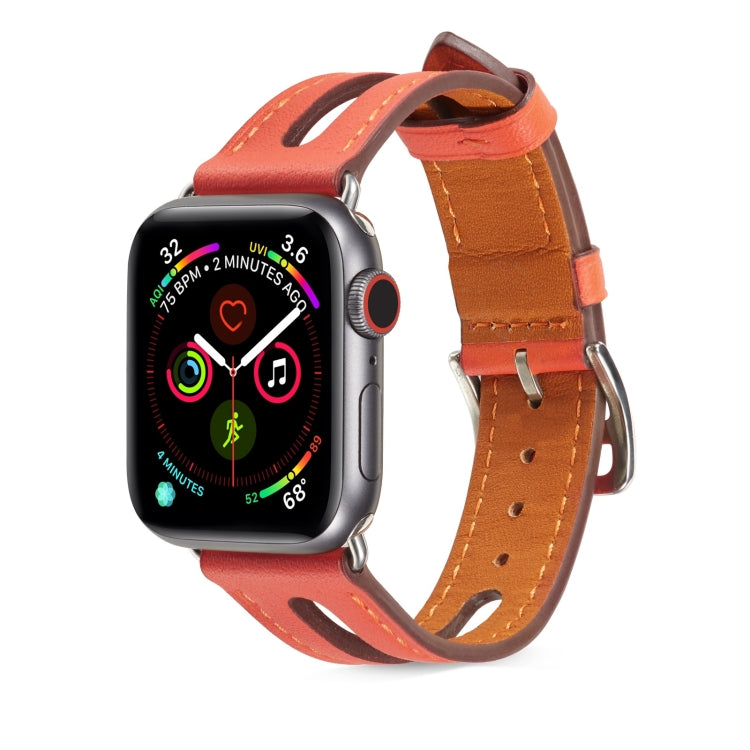 Orange leather Apple Watch band with metal buckle; stitched edge and keeper strap