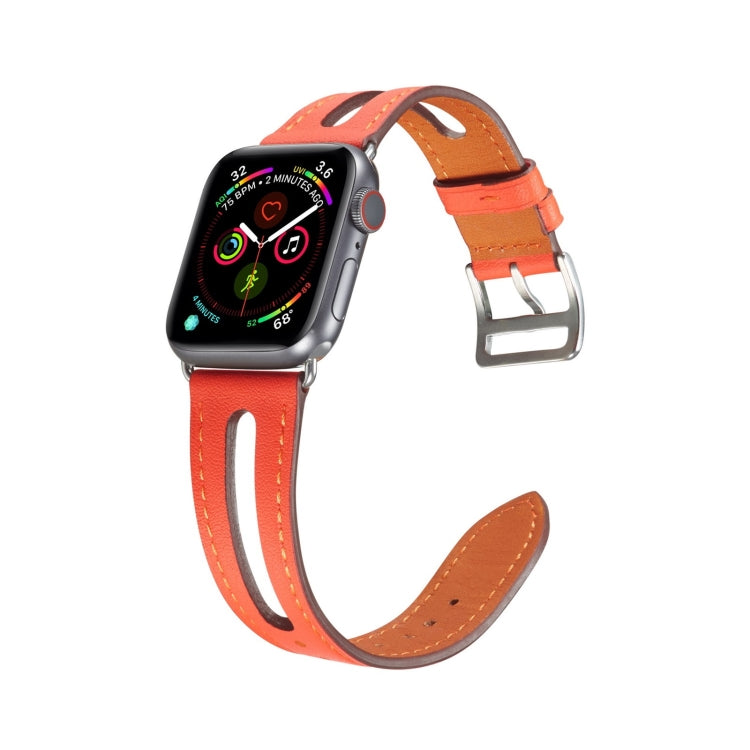 Orange and tan leather Apple Watch band with metal buckle; side profile with clasp