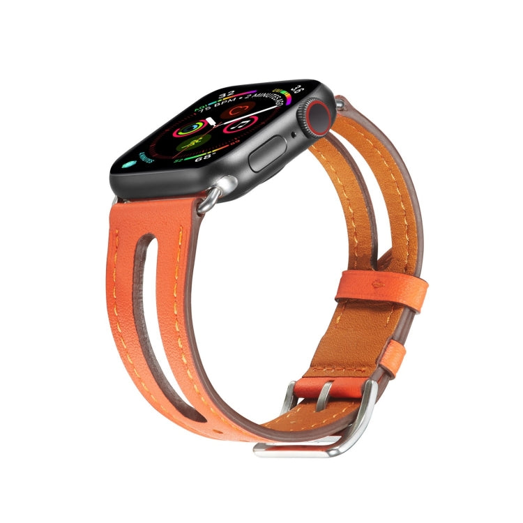 Orange leather Apple Watch band with metal buckle; two straps and stitched edges