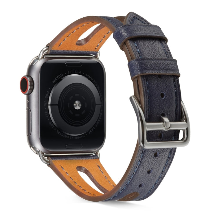Navy blue leather Apple Watch band with metal buckle; perforations and stitched edge