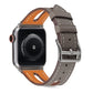 Gray leather Apple Watch band with metal buckle; stitched holes and keeper strap