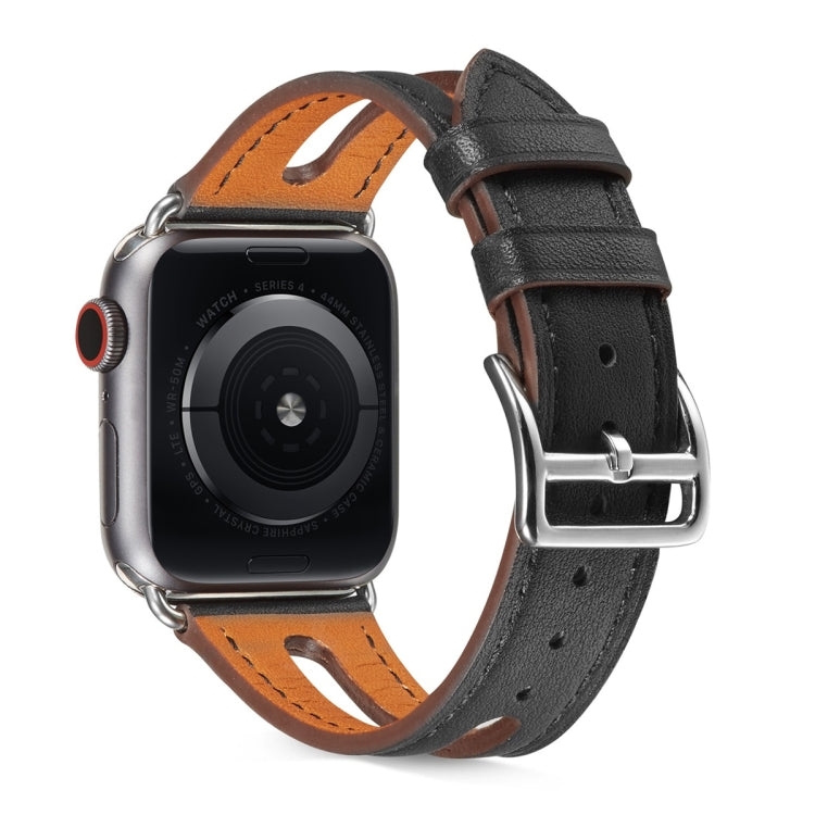Black leather Apple Watch band with metal buckle; perforations and stitched edge