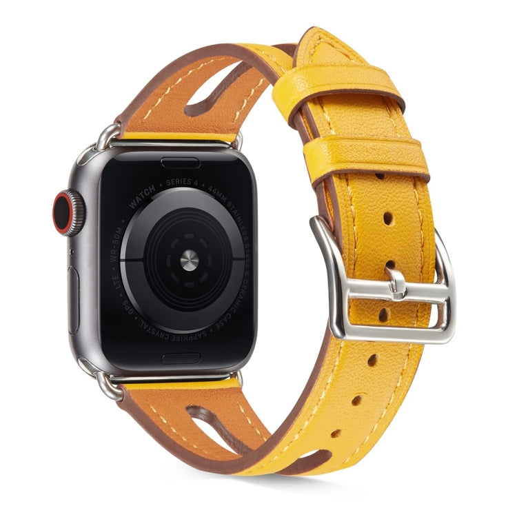 Top-grain leather watch band in bright yellow with silver buckle and punched holes