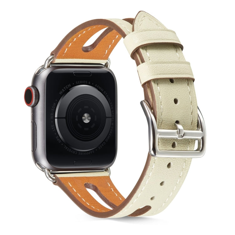 Top-grain leather watch band in cream with silver buckle and punched holes