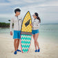 Blue slip-on water shoes on a couple with a surfboard