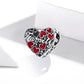 Sterling silver heart charm bead with red enamel hearts, 'Family' engraving, and cutout sides
