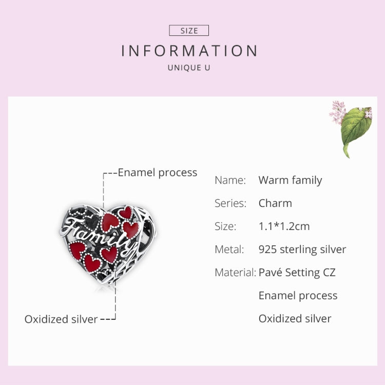 Oxidized sterling silver heart charm bead with red enamel hearts and 'Family' engraving