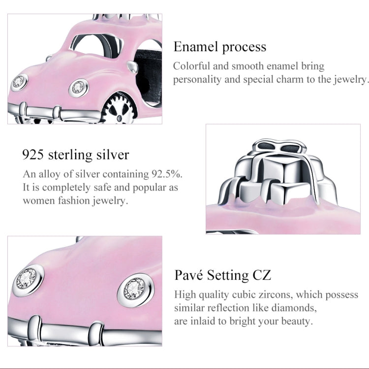 Pink enamel car bead charm with 925 sterling silver details