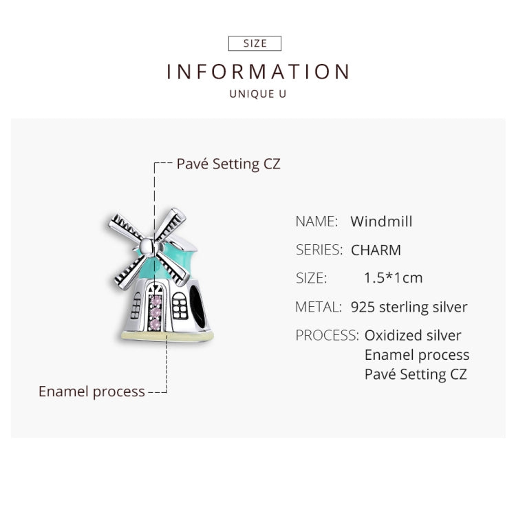 Windmill charm bead, oxidized silver finish with teal enamel and pink CZ