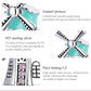 Close-up windmill charm bead with teal enamel, oxidized silver, and pink CZ stones