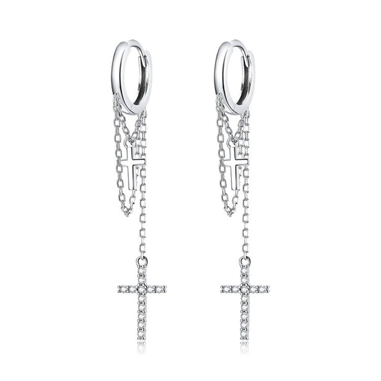 Sterling silver cross tassel drop earrings with hoop backs and dangling chain crosses