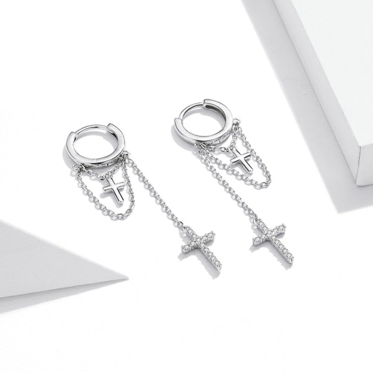 Silver cross tassel earrings with hoop hoops, chain tassel drops, and small cross charms