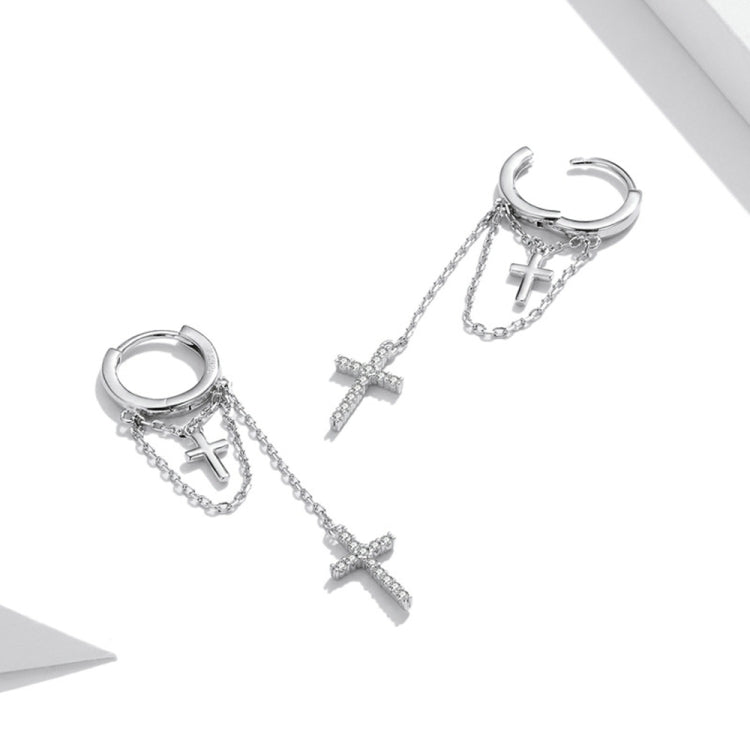 Silver long cross tassel drop earrings, hoop tops with multiple dangling chain crosses