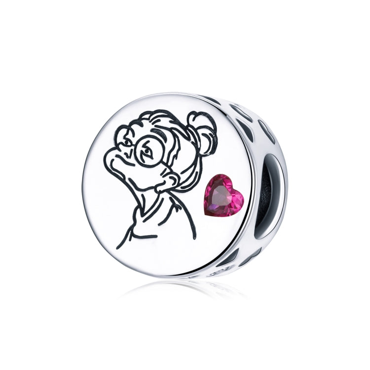 Sterling silver charm bead with engraved flower girl and pink heart stone
