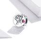 Silver charm bead with engraved flower girl motif and pink heart CZ stone