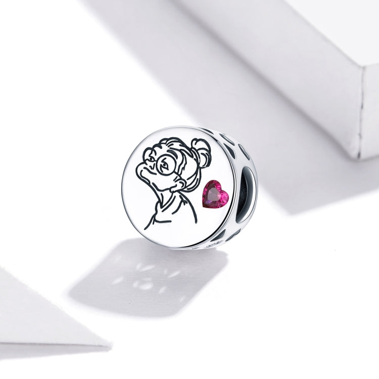 Silver charm bead with engraved flower girl motif and pink heart CZ stone