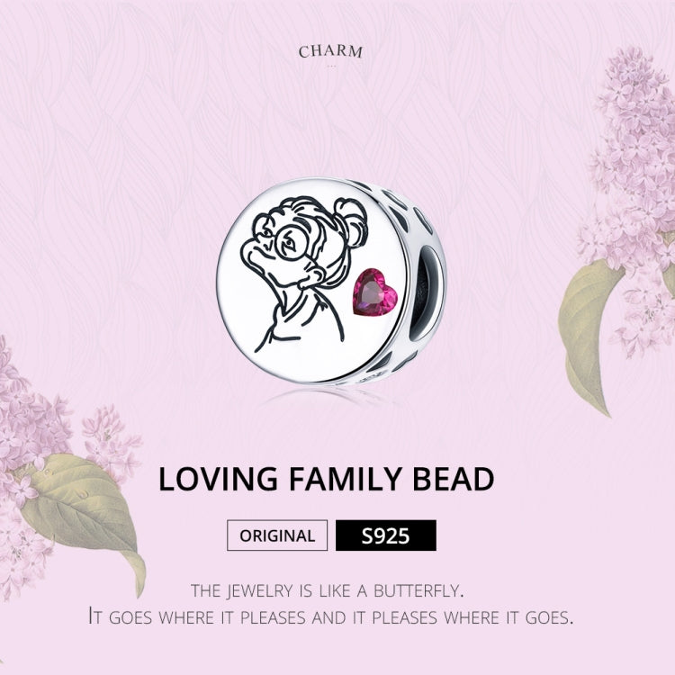 Oxidized silver loving family charm bead with engraved flower girl and pink heart stone