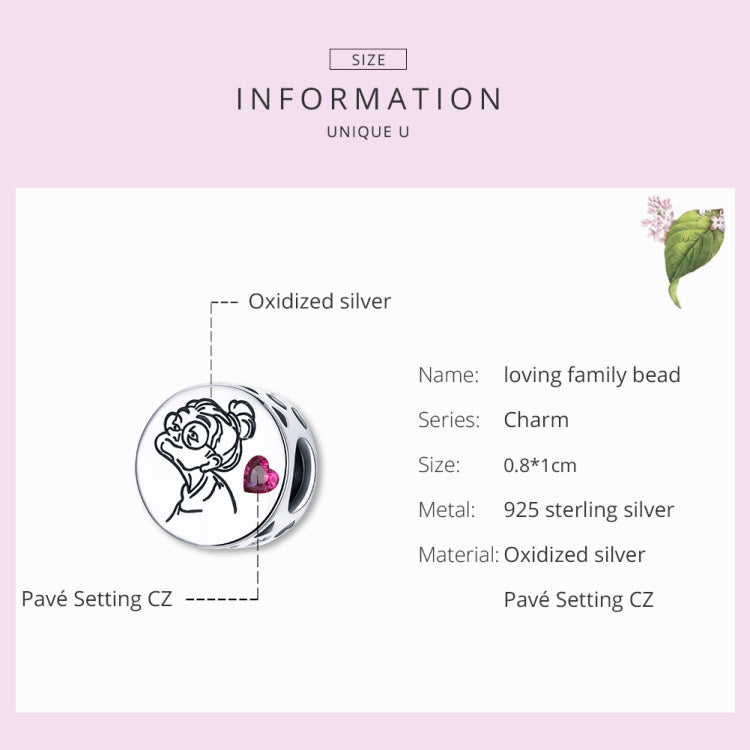 Sterling silver charm bead with rose engraving and pink heart stone