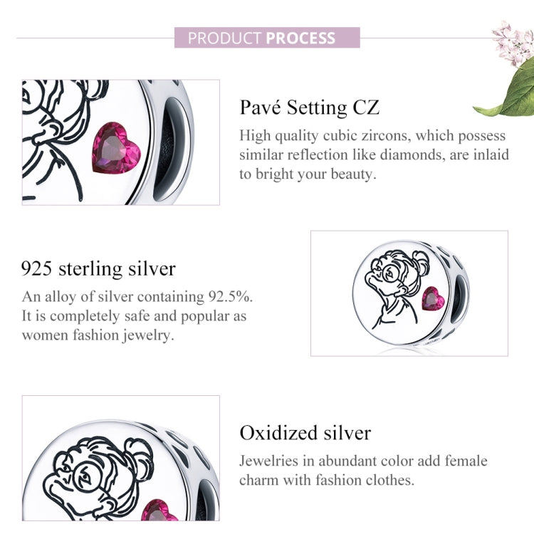 Charm bead detail with engraved flower girl and pink heart cubic zirconia setting