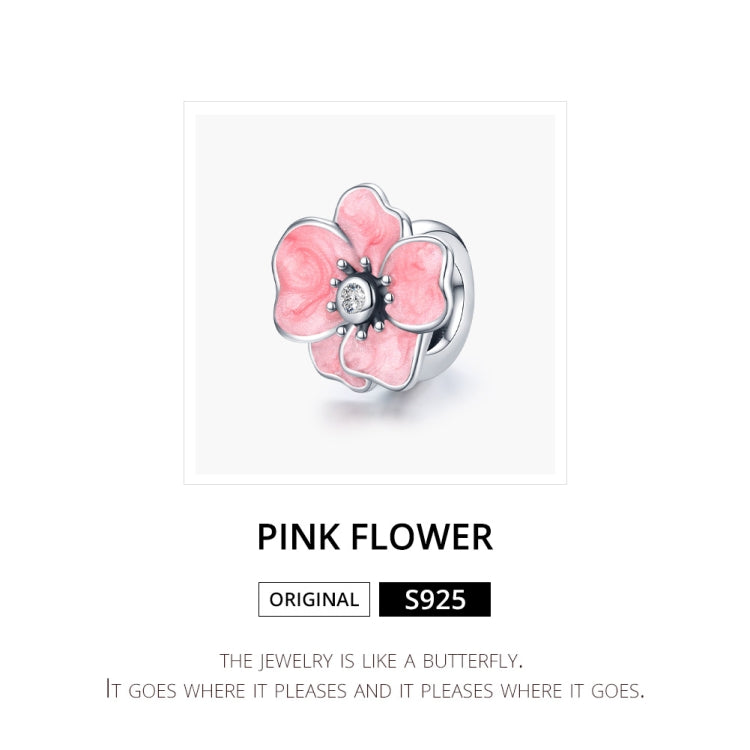 Pink enamel flower charm bead in silver setting with CZ center