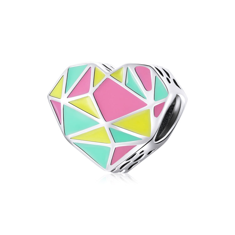 Heart-shaped sterling silver bead with multicolor geometric enamel, faceted side detail