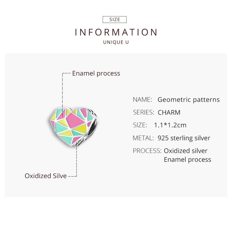 Heart charm bead in sterling silver with multicolor geometric enamel pattern