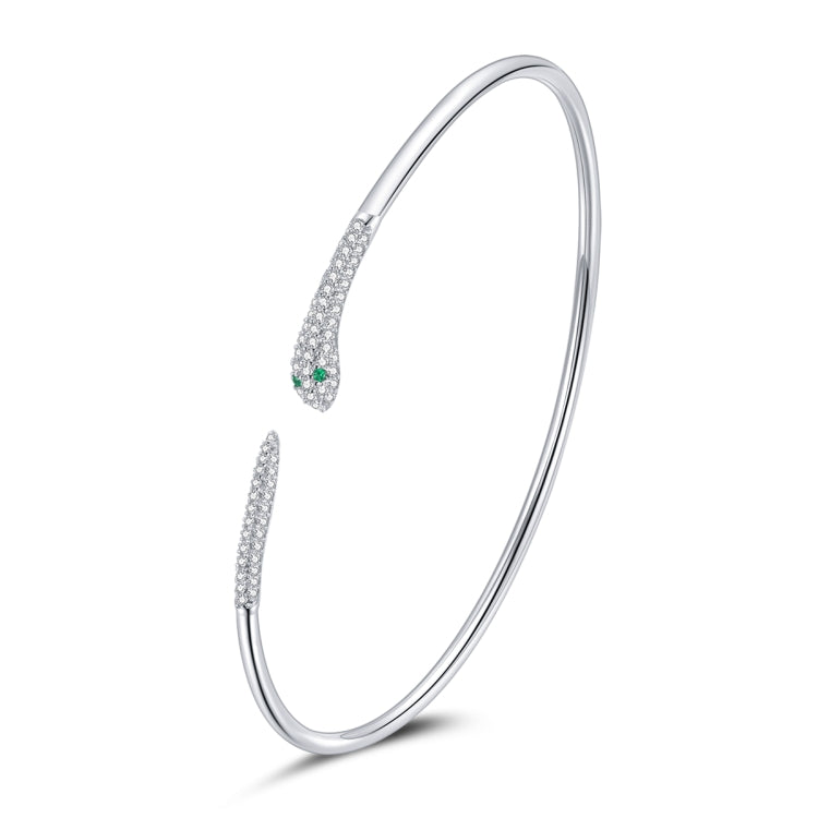 Sterling silver open snake bracelet with pave head and green eyes