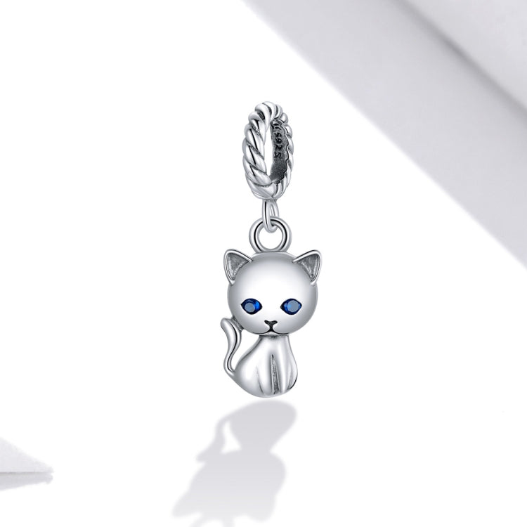 Sterling silver cat charm with blue eyes and braided bail loop, for bracelet or necklace