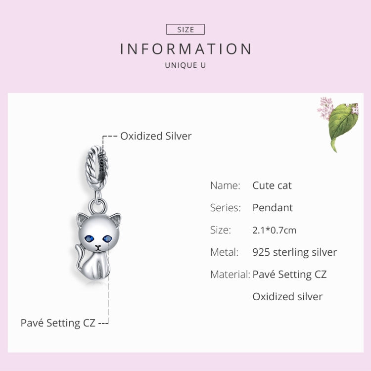 Sterling silver cat charm pendant with blue eyes and curved whiskers, bail loop top