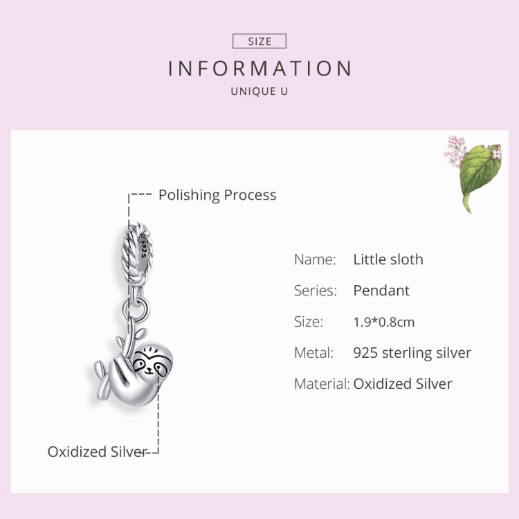 Sterling silver sloth charm pendant on a hanging loop, side view
