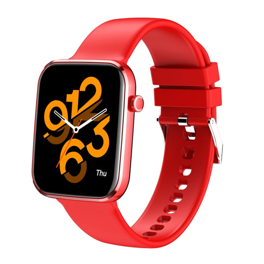 Red smartwatch with square touch screen and black face, metal frame and silicone band