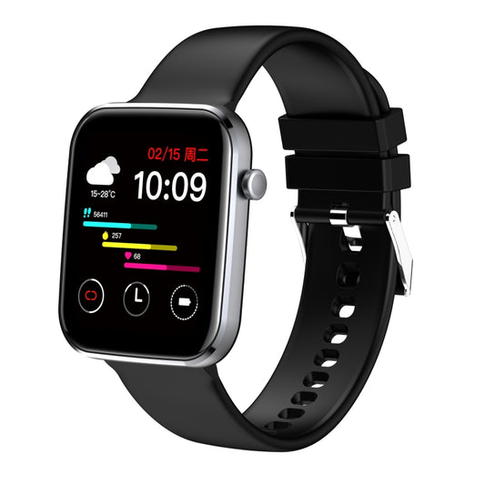 Black smartwatch with square touch screen, silver case and perforated silicone band