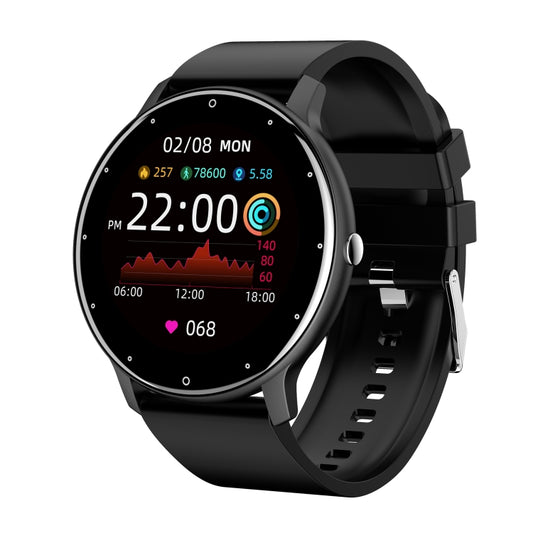 Black smartwatch with round face showing time, date, and activity readings