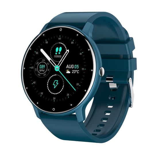 Blue smartwatch with round touch screen showing BPM and lightning health icon