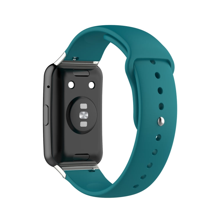 Teal silicone watch replacement strap with metal buckle and pin hole detail