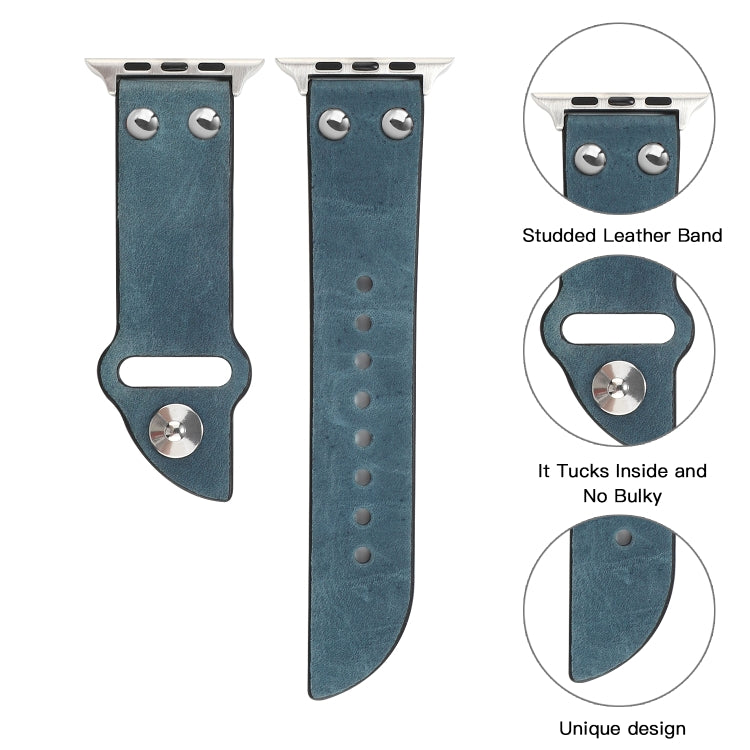 Pair of blue leather watch bands with metal studs, buckle, and punched strap holes