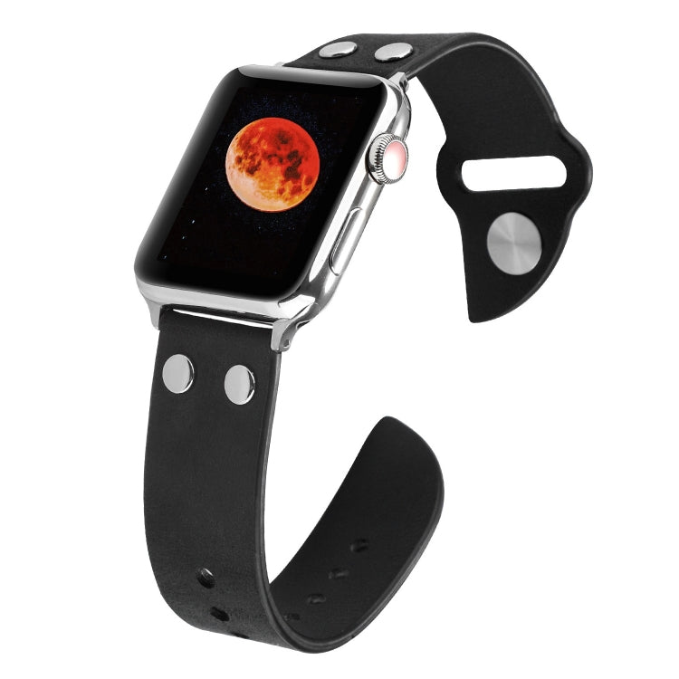 Black leather watch strap with metal buckle and punched holes