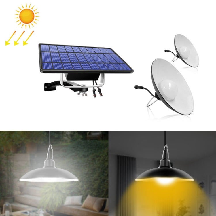 2-in-1 solar light with two white disc lamps and solar panel for courtyard lighting