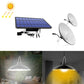 2-in-1 solar light with two white disc lamps and blue solar panel, outdoor-ready