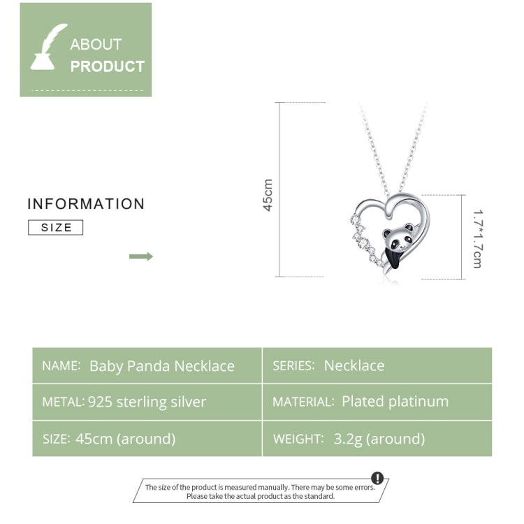 Heart-shaped panda pendant necklace with small crystal-like stones and silver chain