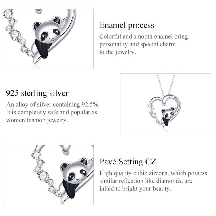 Sterling silver heart-shaped panda necklace with enamel and cubic zirconia accents