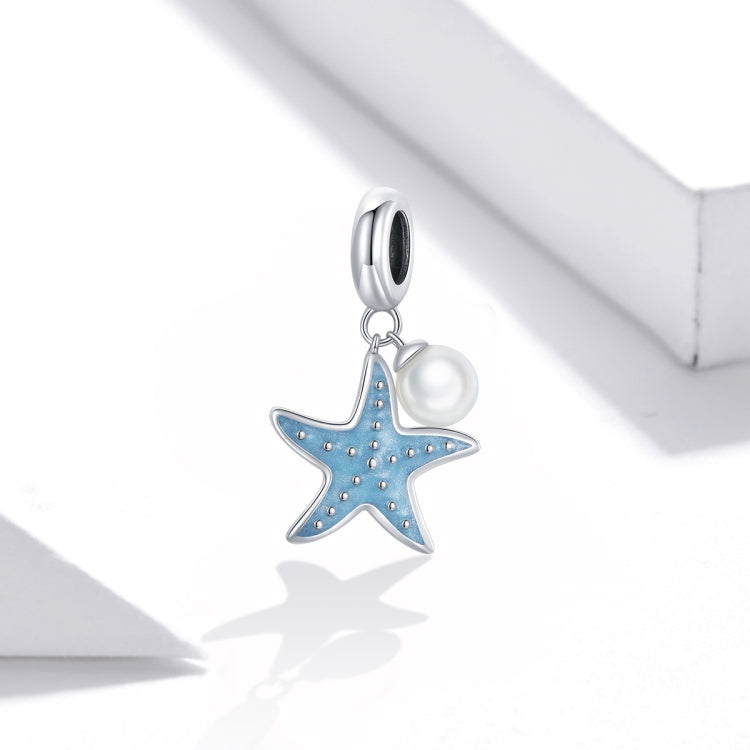 Blue enamel starfish charm with white shell pearl on S925 sterling silver ring