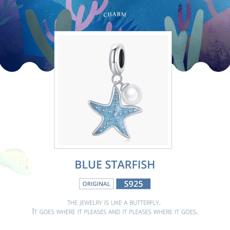 Blue enamel starfish charm with white shell pearl on S925 sterling silver ring